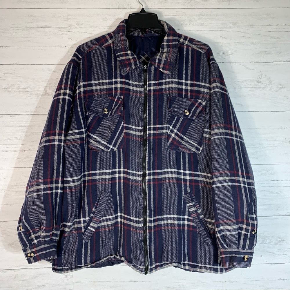 Vintage Windbreaker Brand Men's XL Blue Plaid Flannel Shirt Jacket Shacket